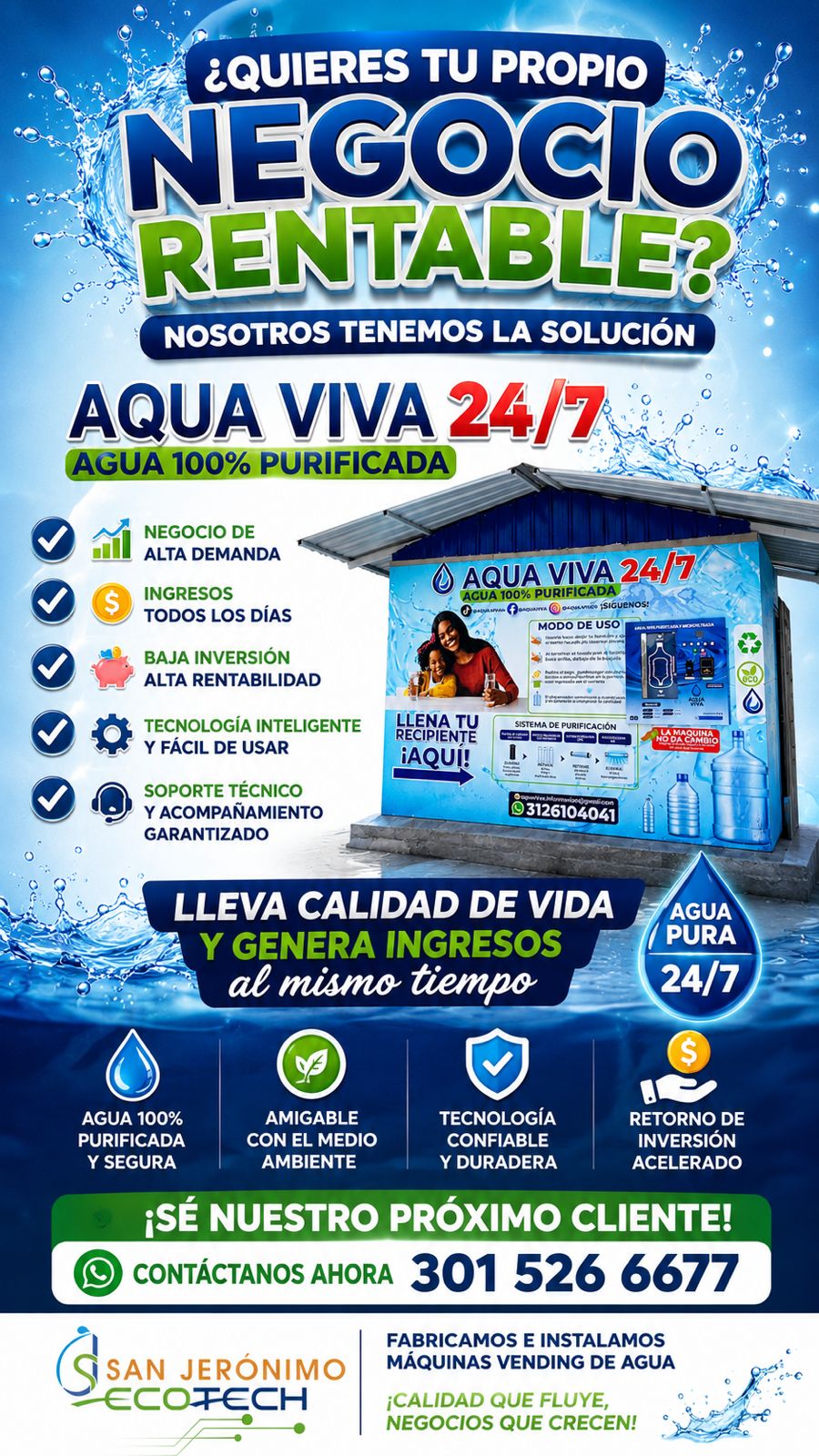 Cajero Aqua Viva 24/7 - Negocio rentable de agua purificada