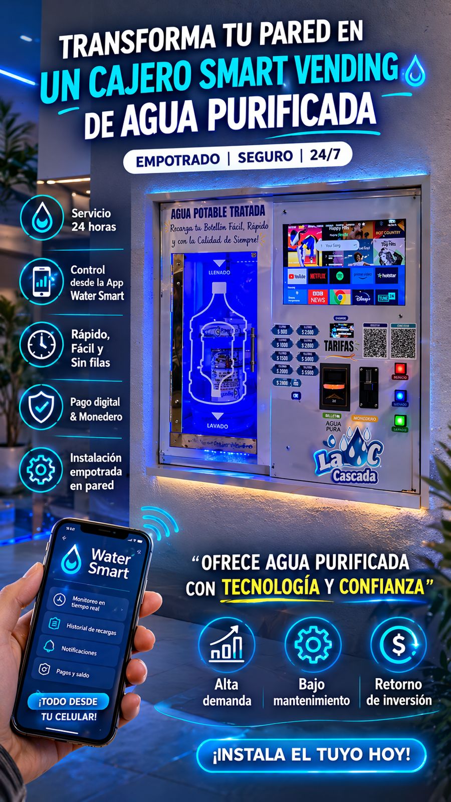 Cajero Smart Vending de Agua Purificada - Empotrado con app WaterSmart