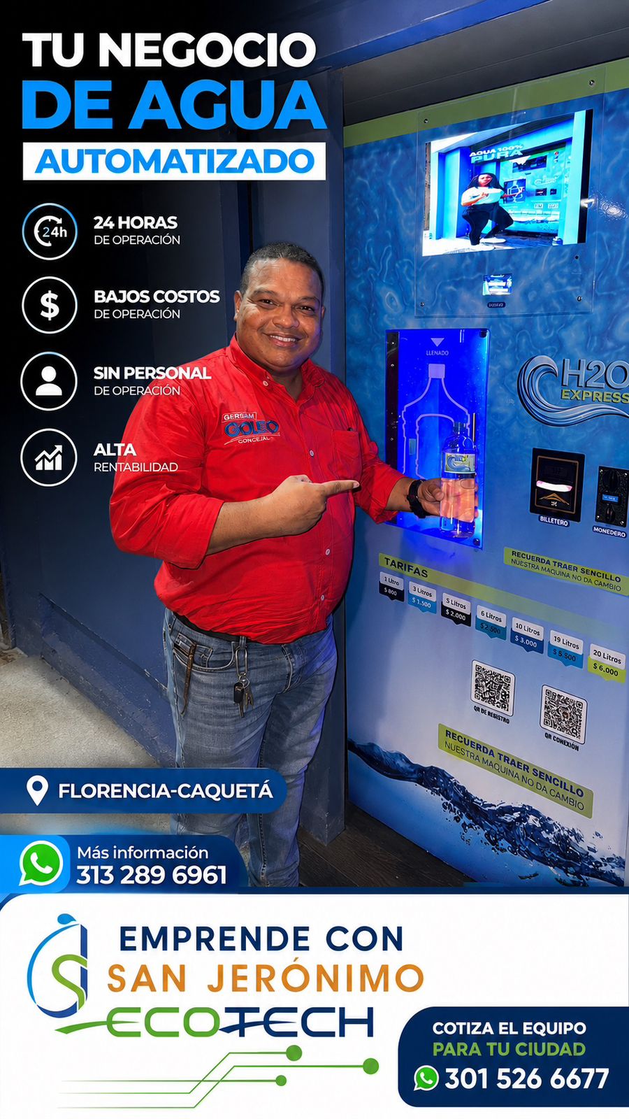 Cliente emprendedor con máquina H2O Express operando en Florencia, Caquetá
