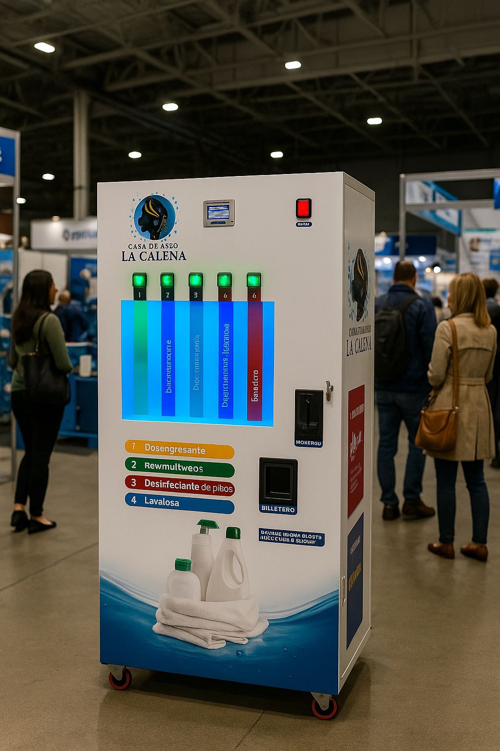 Mini Móvil de Aseo 4P - Vista frontal en exhibición con 5 productos iluminados