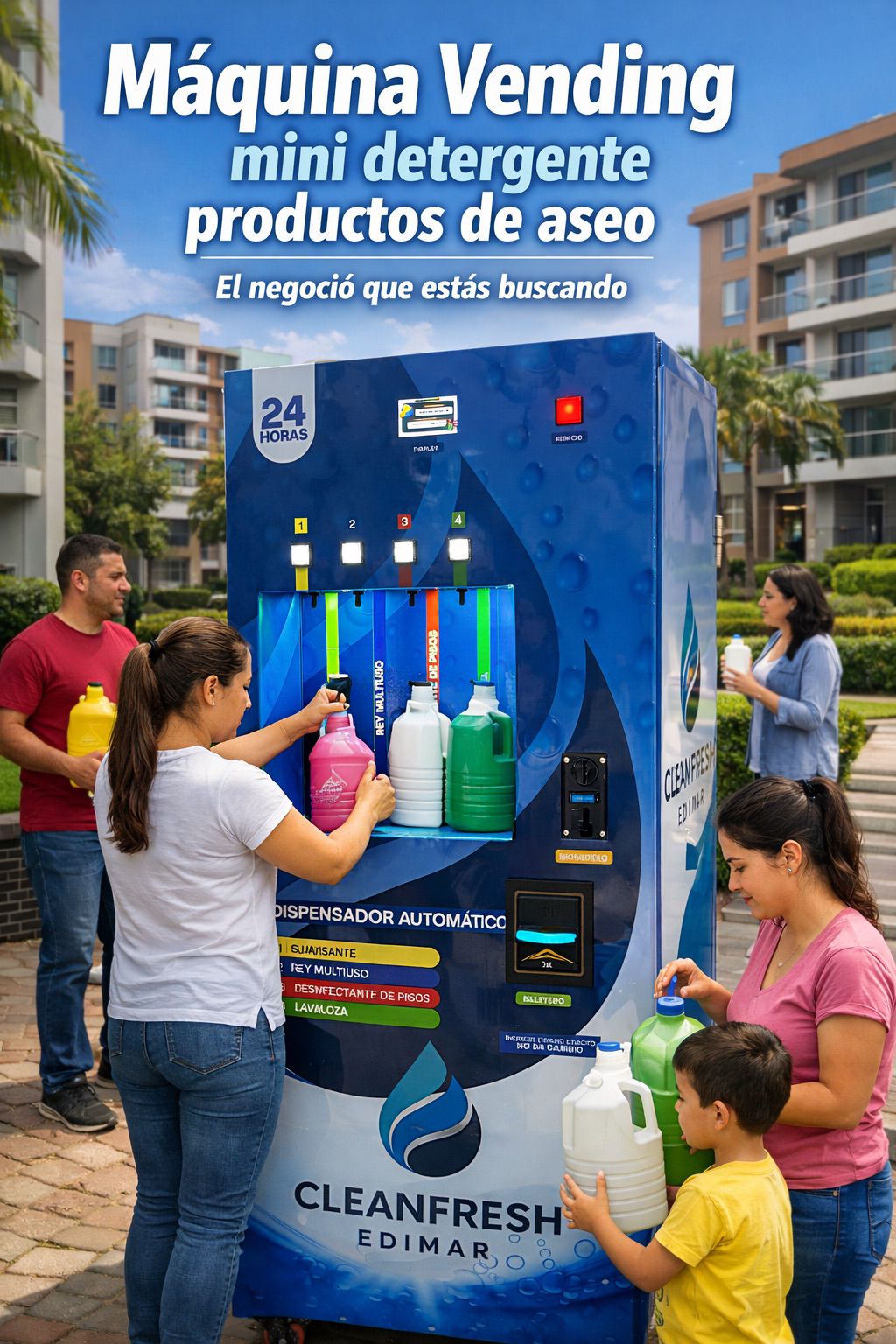 Mini Móvil de Aseo 4P CleanFresh - Familia usando la máquina vending de productos de aseo